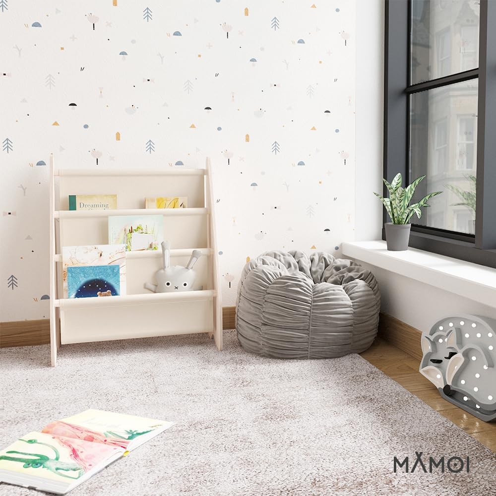 Detalle de MAMOI libreria autoportante per bambini con tasche in tessuto e cassettiera in legno