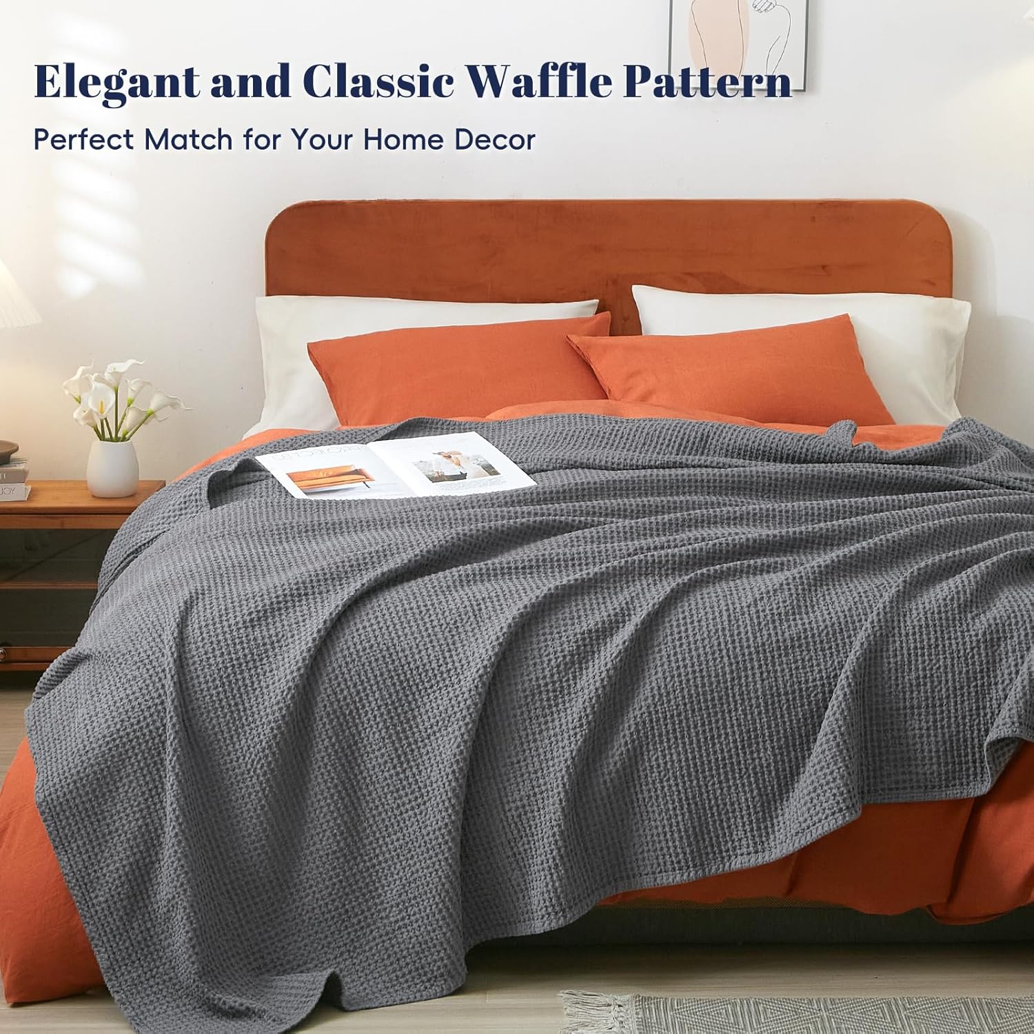 Thumbnail 2 de PHF 100% Cotton Waffle Weave Blanket King Size (220 x 240cm) in Charcoal Grey