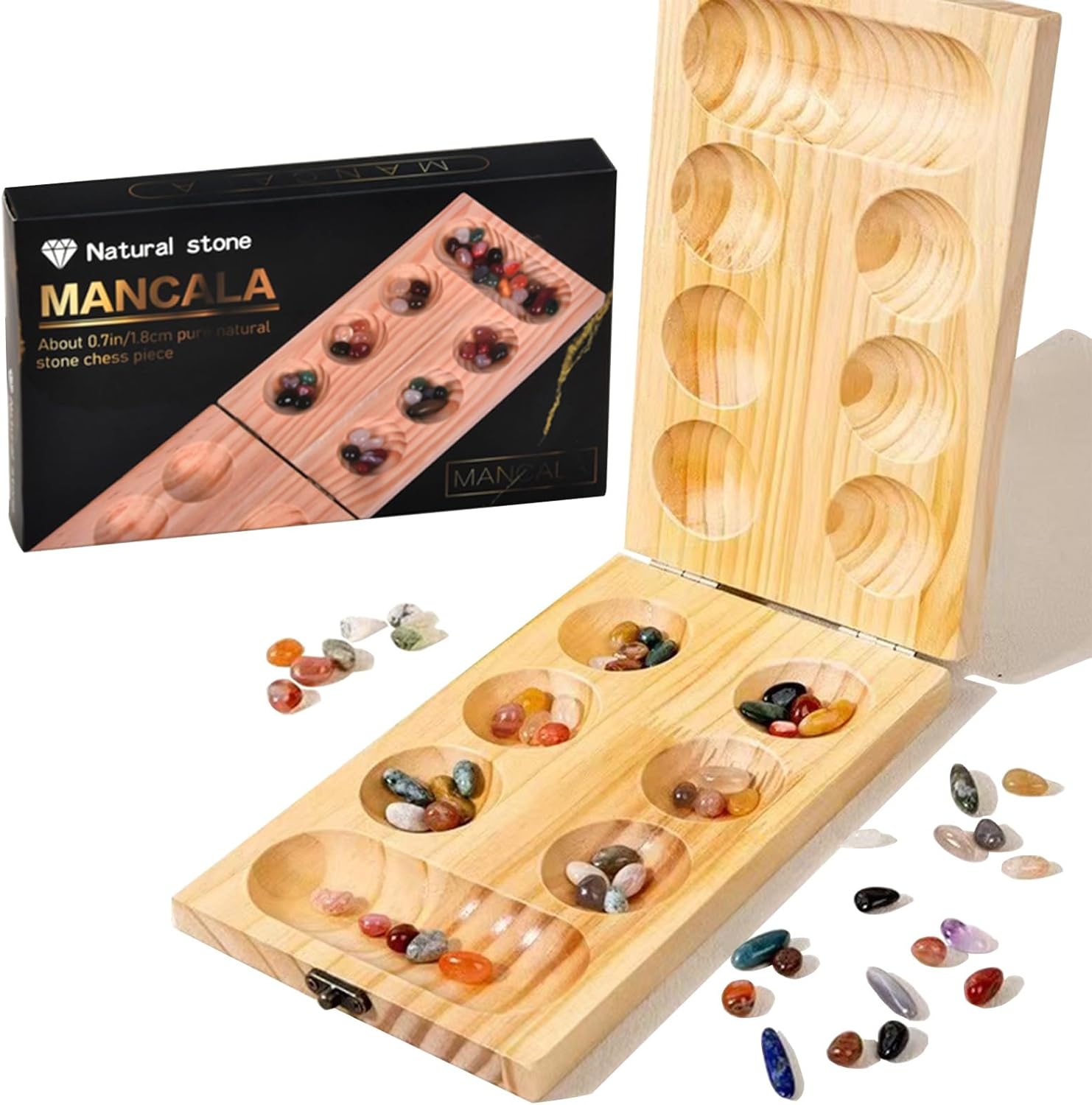 Detalle de Kalaha in Legno di ZUNIPLEX con Pietre: Gioco di Mancala Pieghevole per Famiglie