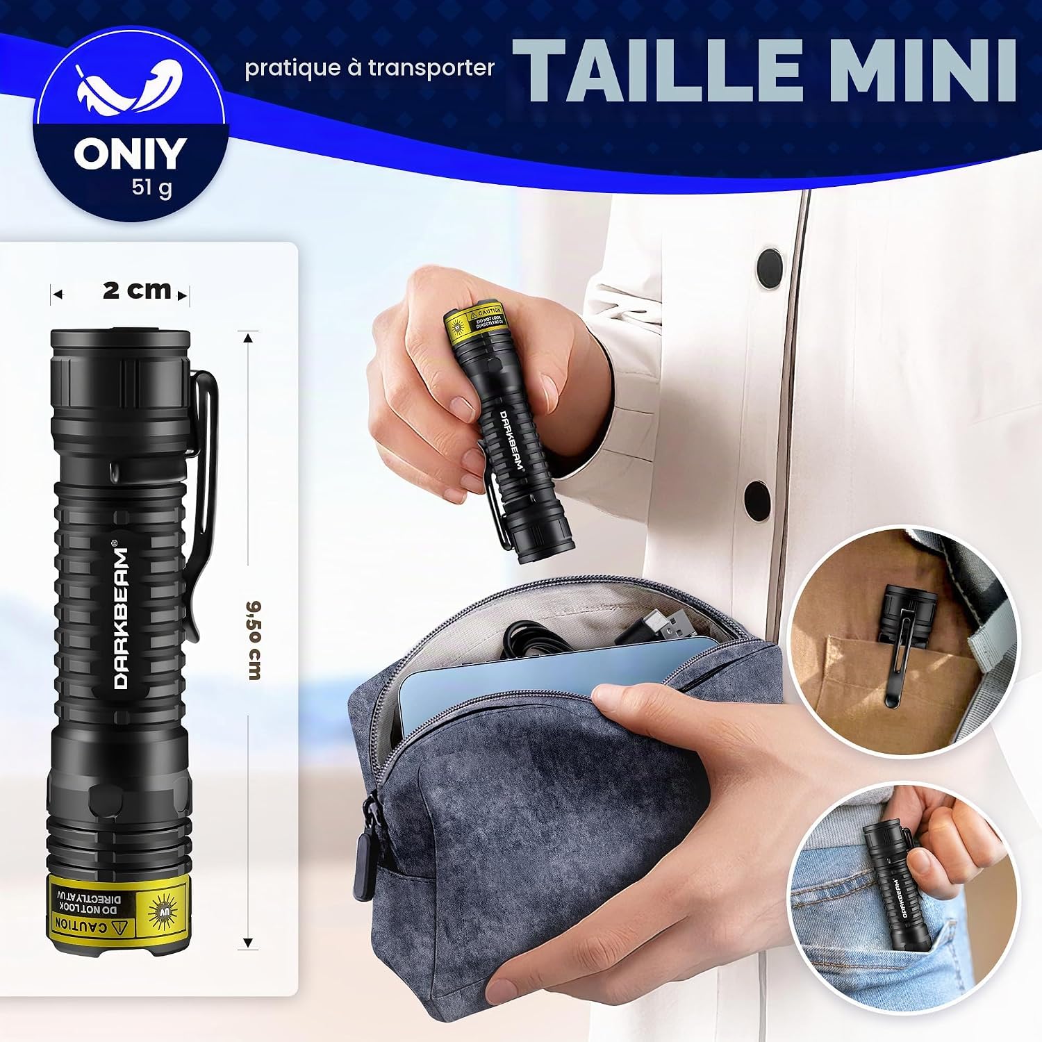 Detalle de DARKBEAM Lampe Torche UV 365 nm – LED compacte et rechargeable pour détecter urine animale, résine UV et autres usages