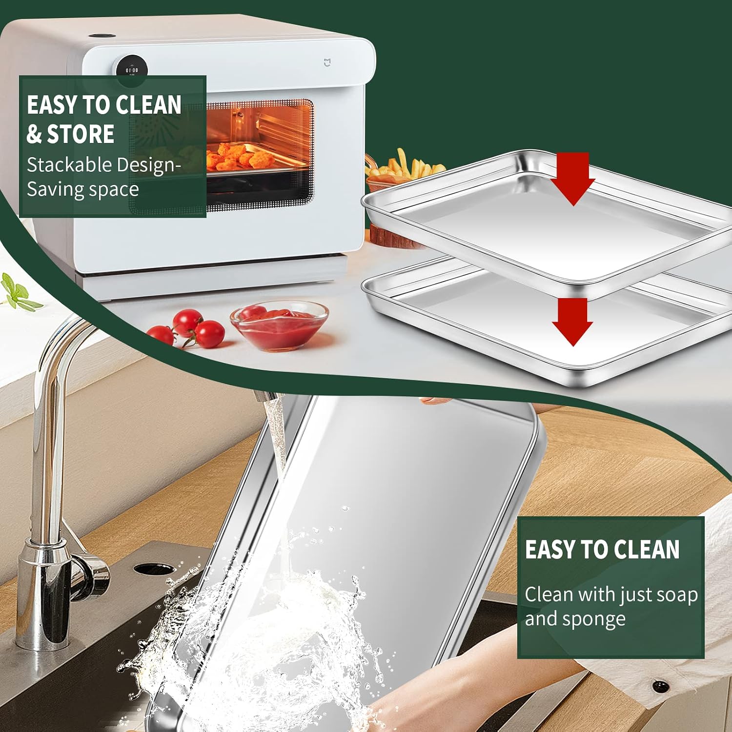 Detalle 2 de CEKEE Quarter Sheet Pan with Cooling Rack Set — 2 Baking Sheets + 2 Racks, Stainless Steel, 12 x 9.8 x 1 Inch
