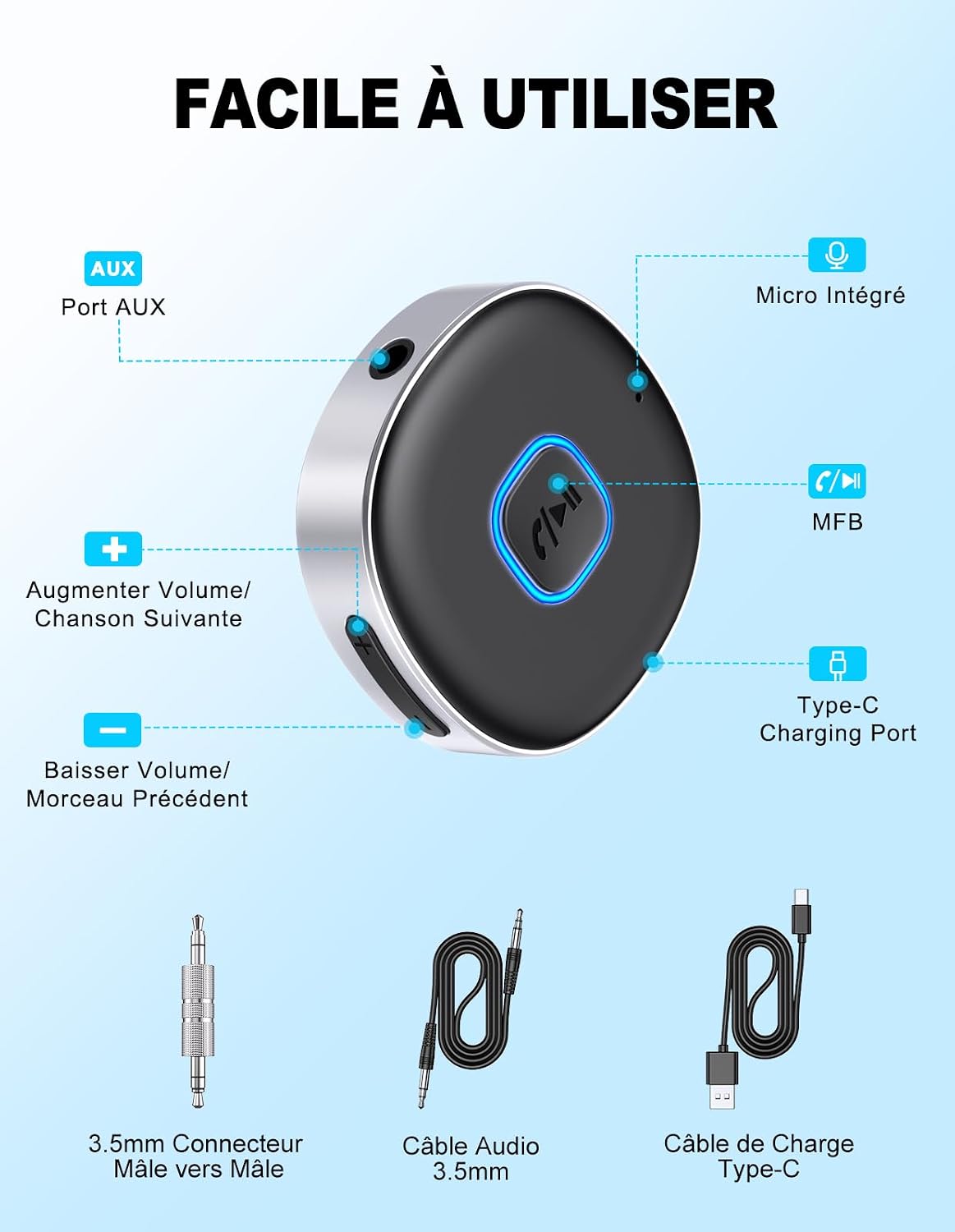 Thumbnail 4 de Mohard Bluetooth-ontvanger 5.0 met 3,5mm AUX, handsfree bellen en dual pairing