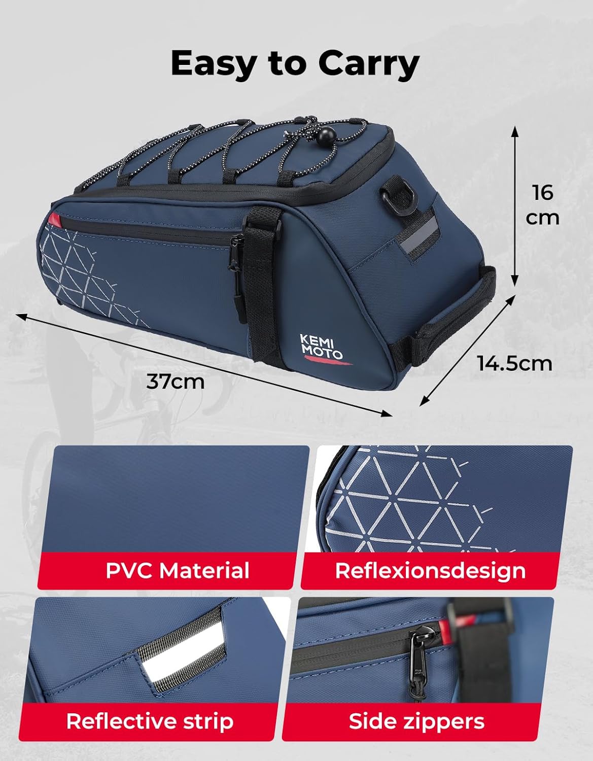 Detalle 2 de KEMIMOTO 2 in 1 Borse per Bici 8L: Borsa posteriore impermeabile in PVC, doppia funzione e portabilità