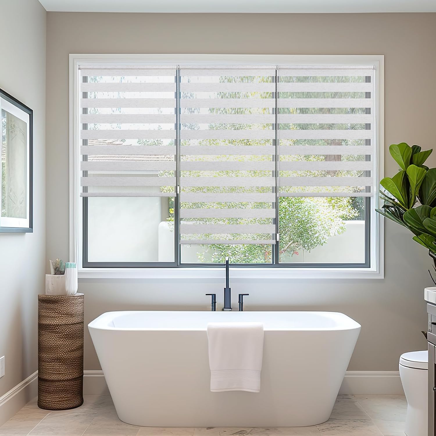 Detalle de Sekey Doppelrollo Klemmfix ohne Bohren für Fenster – 90x130 cm, Leinenoptik