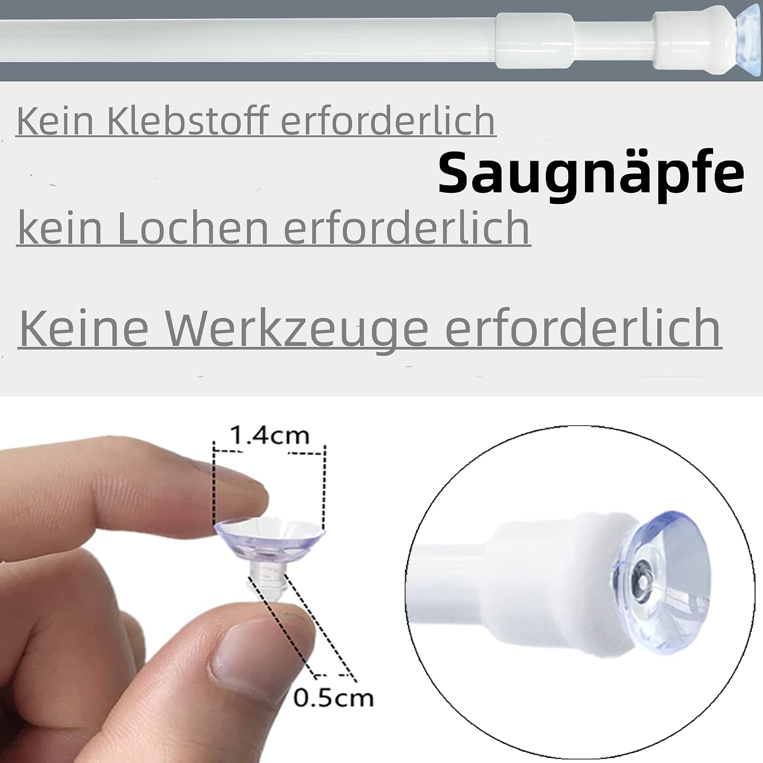 Detalle de GDEVKHN 3er Gardinenstange ohne Bohren (Klemmstange) ausziehbar 60–105 cm, wählbare Befestigung für Regale & Fenster – Weiß