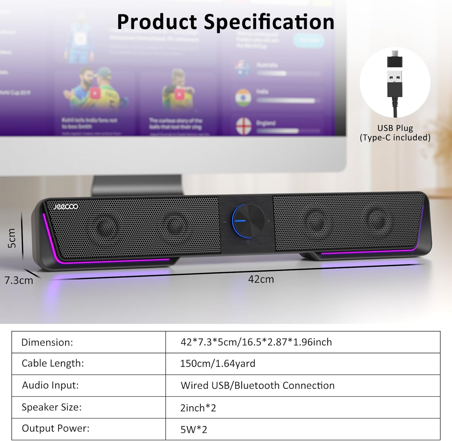 Detalle 2 de Jeecoo A40 USB & Type-C PC speakers with Bluetooth, touch LEDs and vibrating diaphragms