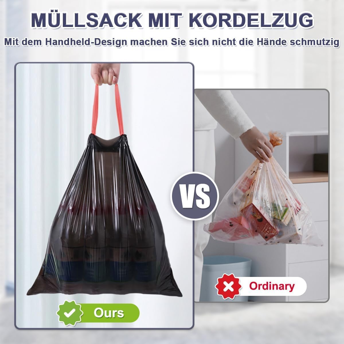 Detalle de OKKEAI Schwarz Müllbeutel 15L mit Zugband – 75 Stück (Größe L, 60 x 50 cm)