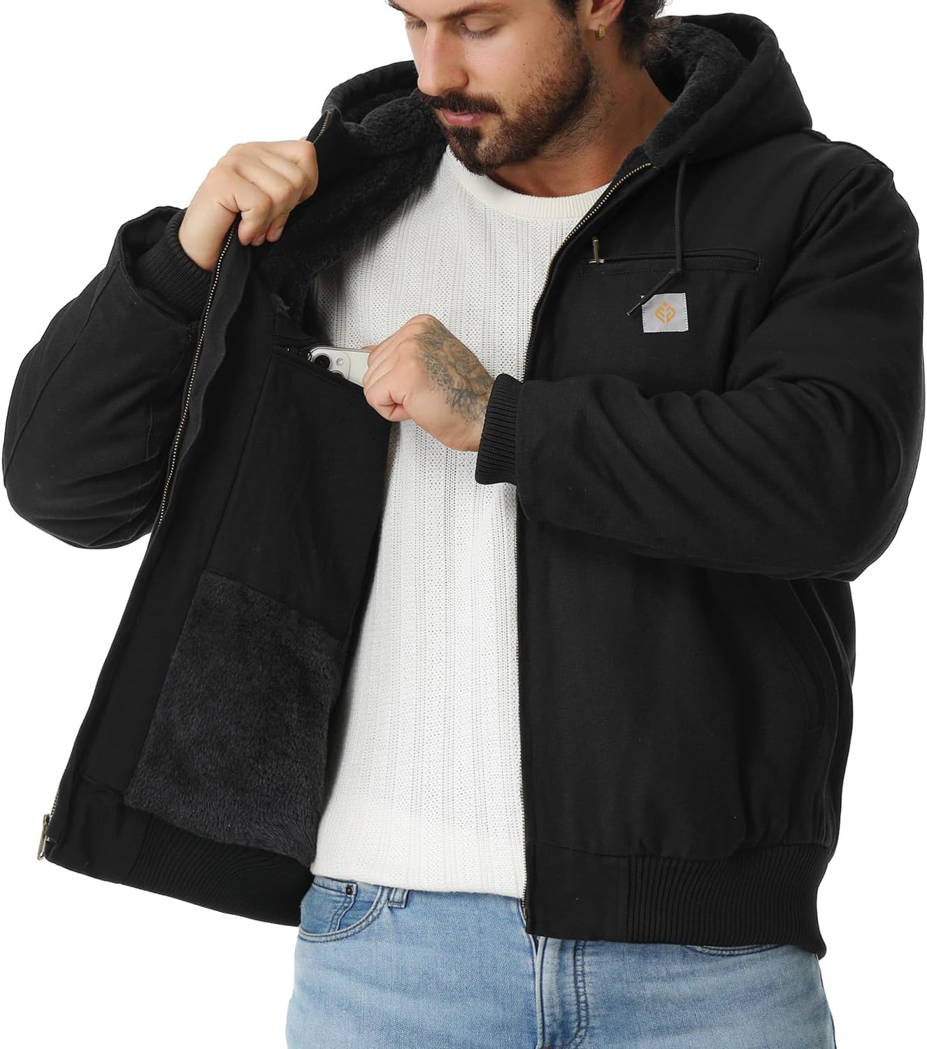 Detalle de TUAOVA Men's Work Coat, Washed Duck Fleece-Lined Waterproof Hooded Jacket
