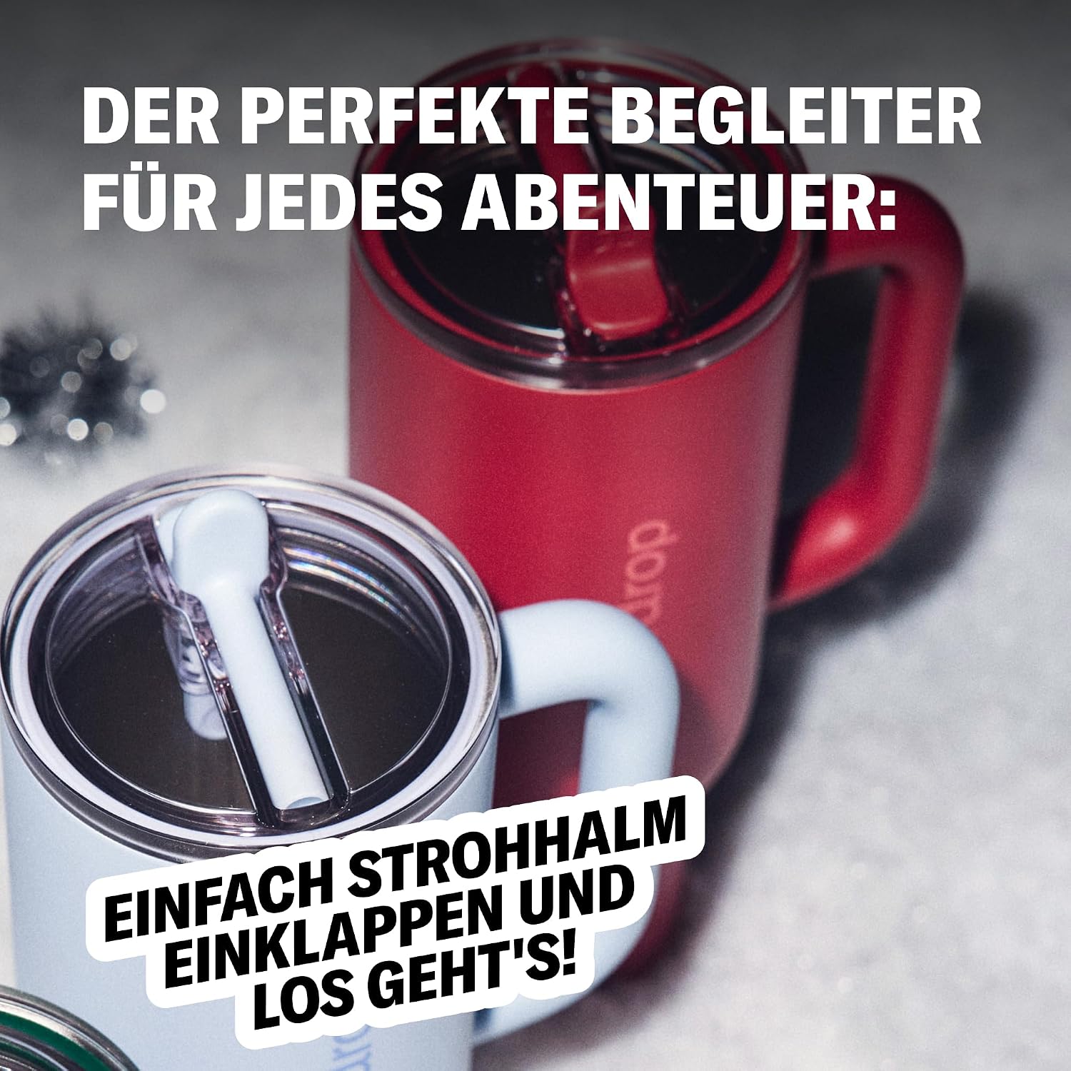 Detalle de waterdrop® Thermobecher mit Strohhalm 1,1L – Auslaufsichere Edelstahl-Trinkflasche mit klappbarem Mundstück