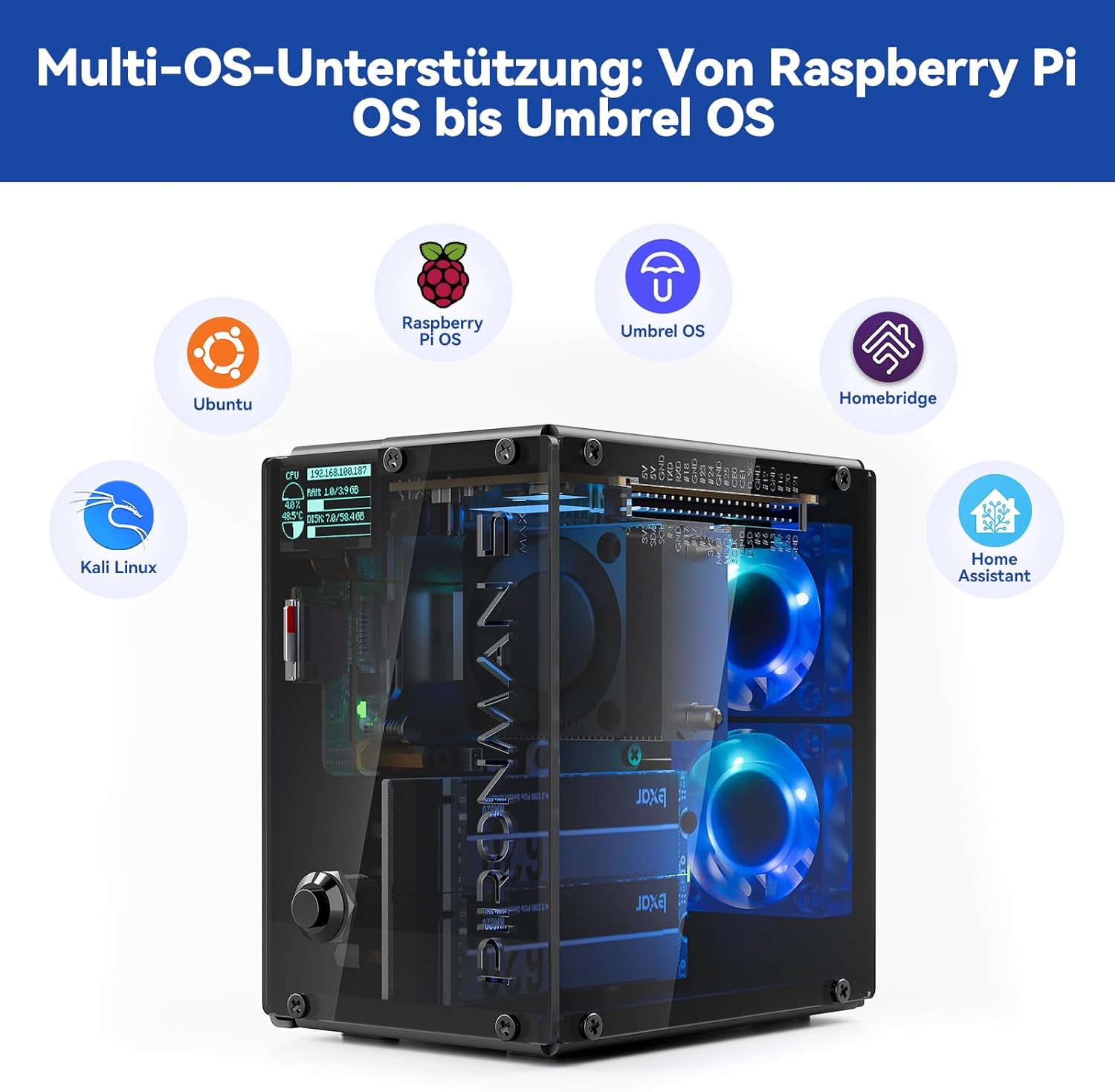 Thumbnail 5 de Pironman 5-MAX Gehäuse für Raspberry Pi 5 mit Dual-NVMe, NAS RAID 0/1, Hailo-8L AI & OLED