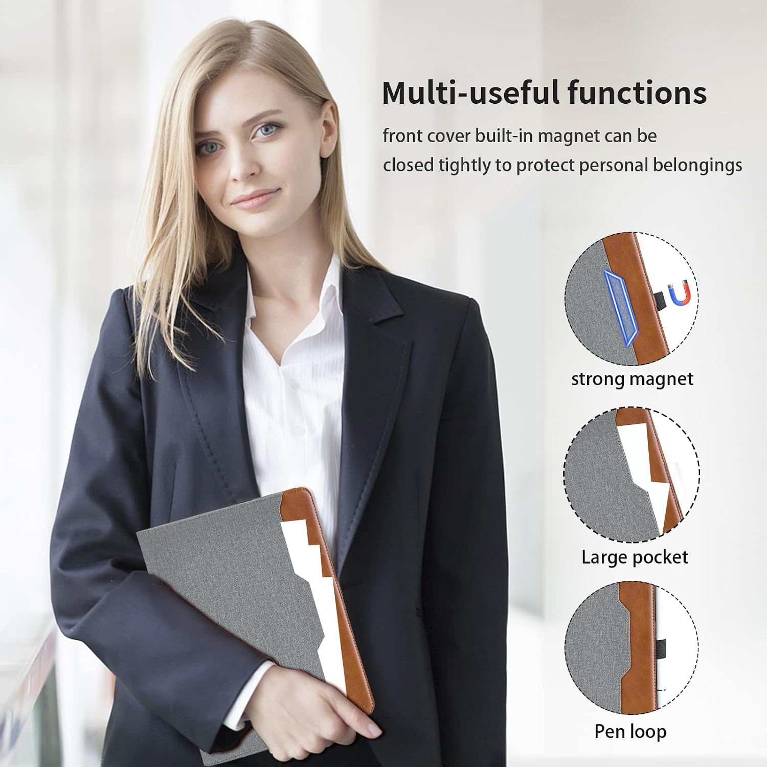 Detalle de Hülle für Samsung Galaxy Tab A9 Plus 11 Zoll (SM-X210/SM-X215/SM-X216) Grau – Leder Schutzhülle mit Tasche, Stifthalter und Standfunktion