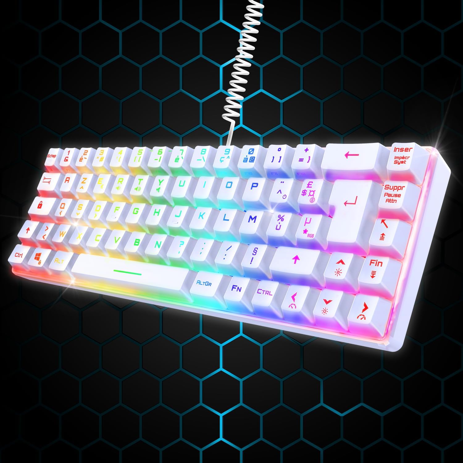 Thumbnail 2 de Empire Gaming K208 — Clavier gamer filaire TKL compact AZERTY 69 touches RGB, anti-ghosting (blanc) avec USB Type C détachable