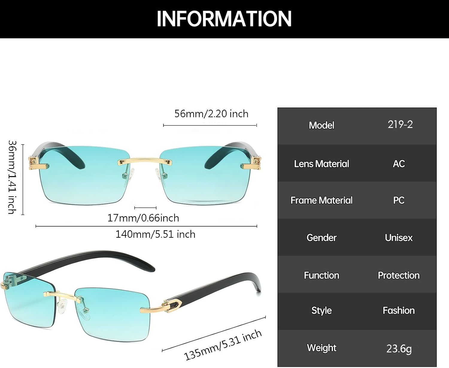 Detalle de YAMEIZE Trendy Rimless Metal Rectangle Sunglasses – UV400 Protection, Unisex