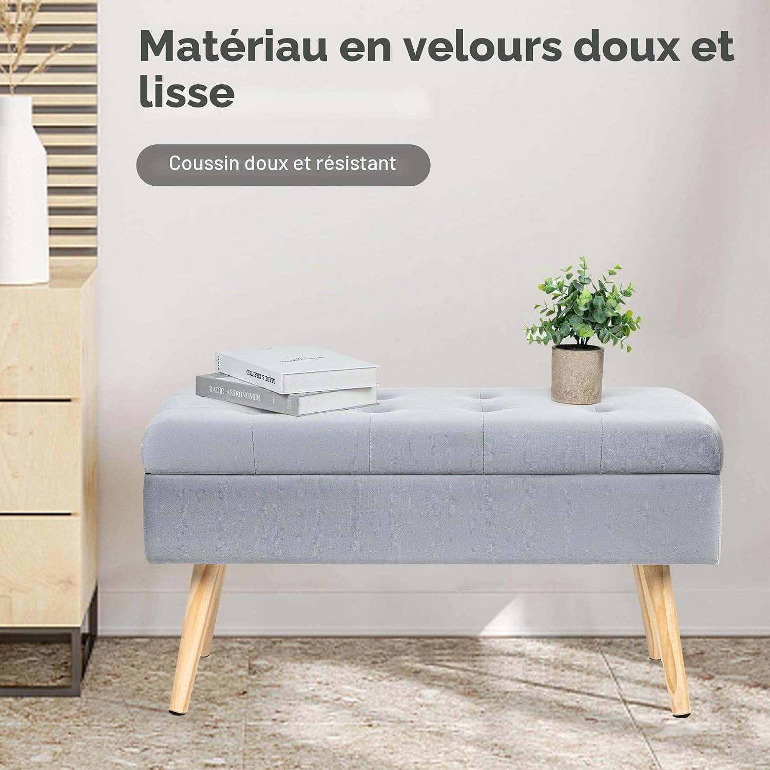 Thumbnail 4 de Hawthyhome Banc avec Espace de Rangement 80 × 35 × 43 cm, Gris – Velours et piètements bois