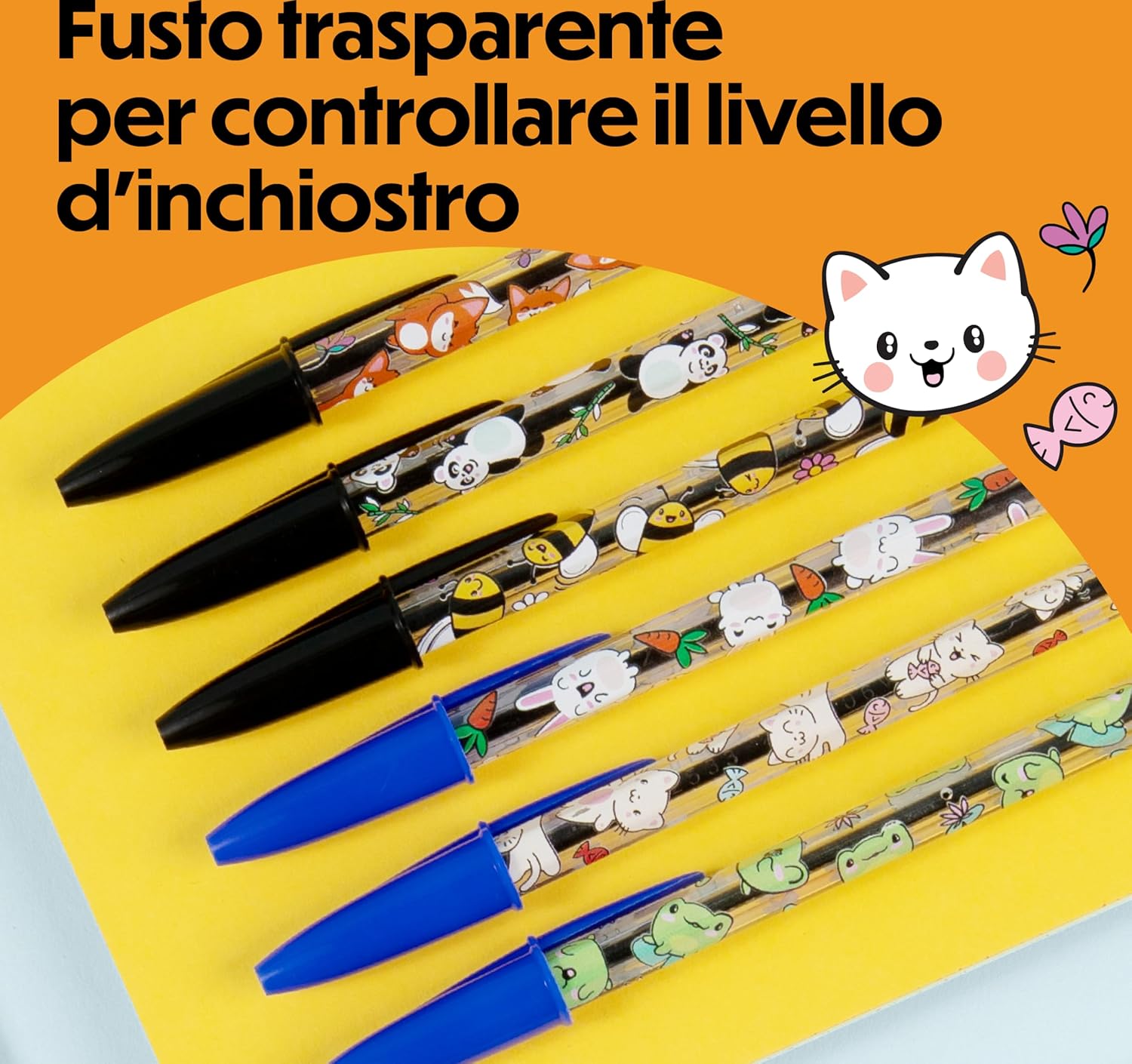 Detalle de Penne a Sfera BIC Cristal Decors Kawaii 1 mm – 8 pezzi, blu e nero, disegni assortiti