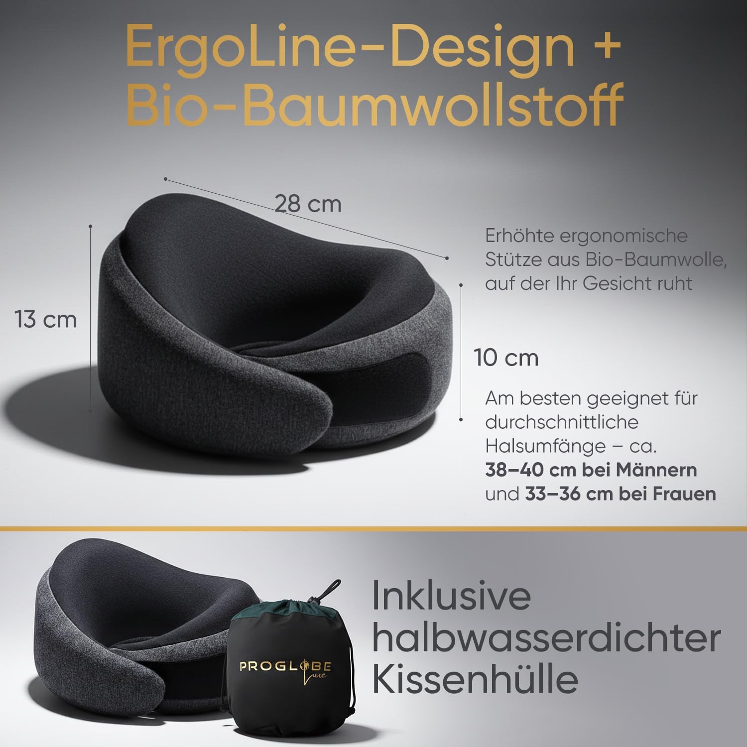 Thumbnail 4 de Proglobe Luxe Memory-Schaum Reisekissen (Aschschwarz) – kompaktes Nackenkissen mit Kinnstütze für lange Strecken
