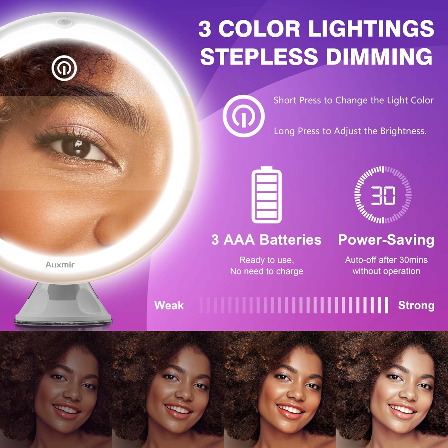 Thumbnail 5 de Auxmir Specchio Ingranditore 20X con Luci a 3 Colori e Ventosa, rotazione 360°