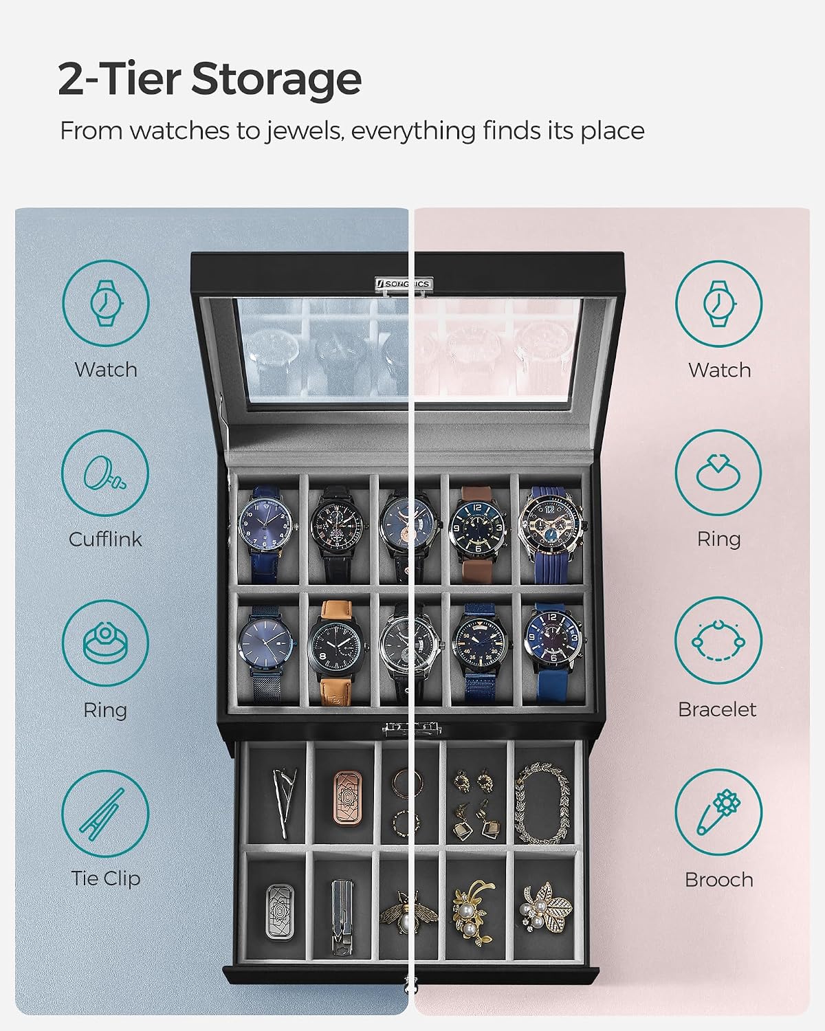Detalle de SONGMICS JWB020 20-Watch Box with Glass Lid, Lock and Jewellery Drawer