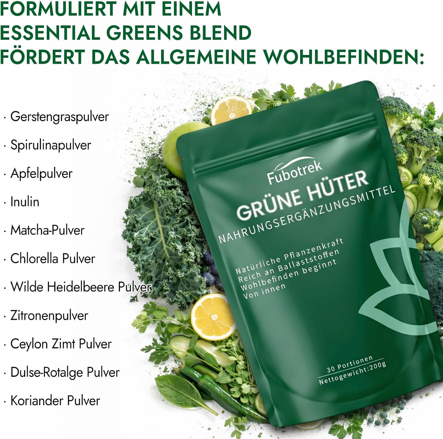 Detalle de Grüner Helper „Grüne Entgiftungspulver“ (200 g) – Superfood-Pulver mit Matcha, Gerstengras, Spirulina & Heidelbeeren, vegan