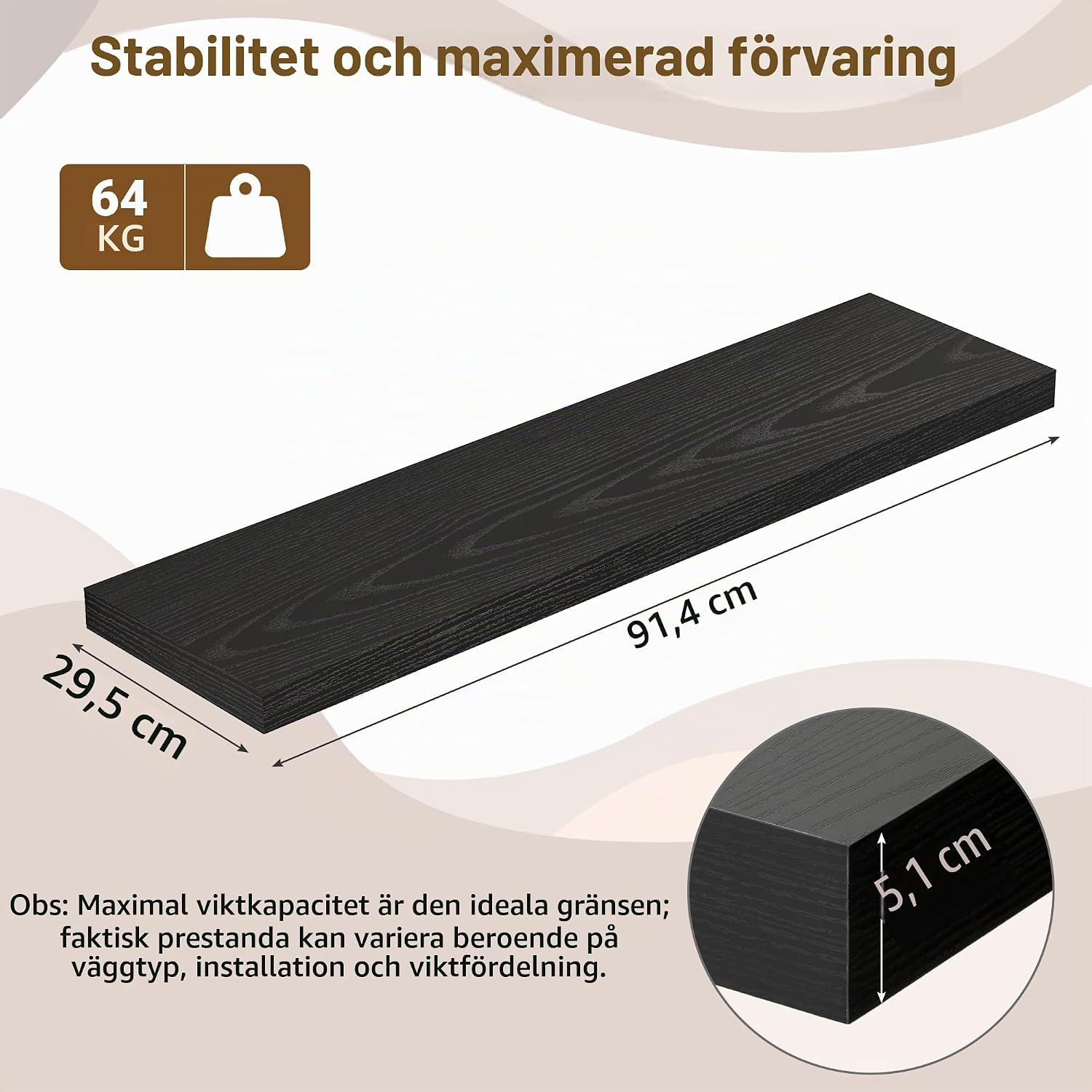 Detalle de Feihorrm FHS1UK-FS-N5 flytande vägghyllor, 91 cm, 30,5 cm djupa, svarta, 2-pack