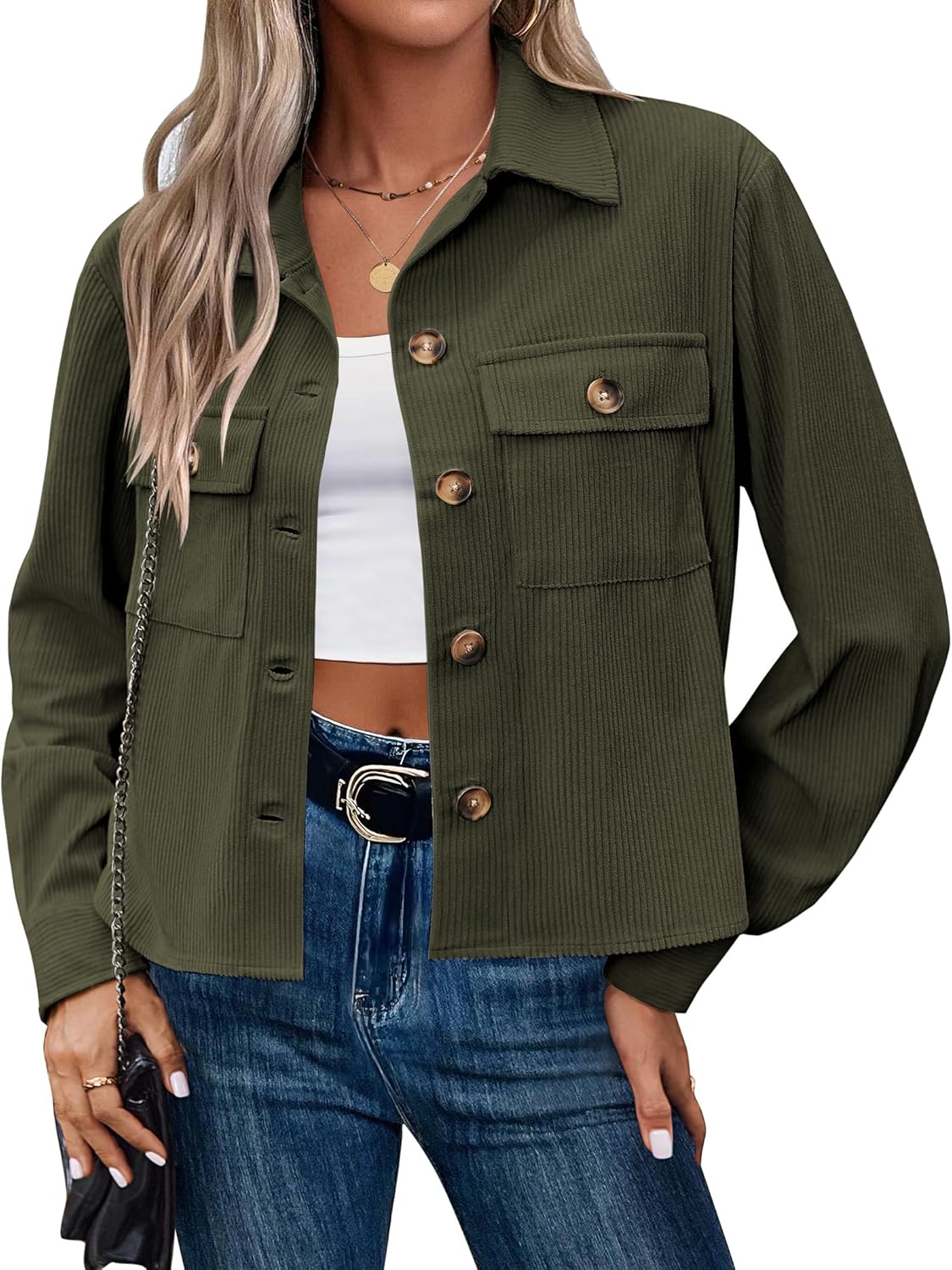 Thumbnail 6 de Hotouch Cordjacke Damen Button Down Blouson – kurze, elegante Baumwollcord-Jacke mit Taschen