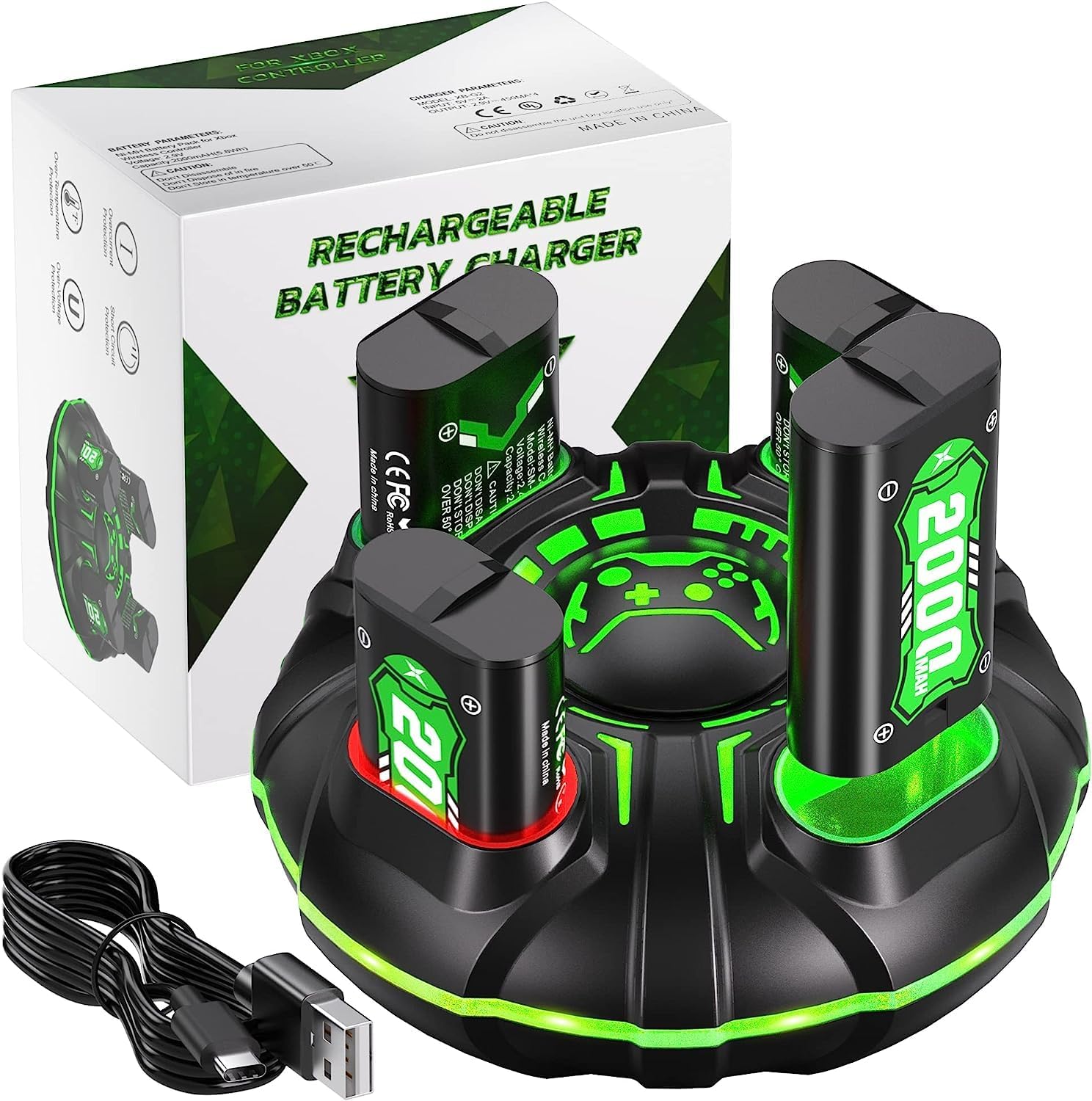 Detalle de Akku für Xbox Series X/S und Xbox One Controller – 4x2000mAh Schnelllade-Set mit RGB-LED