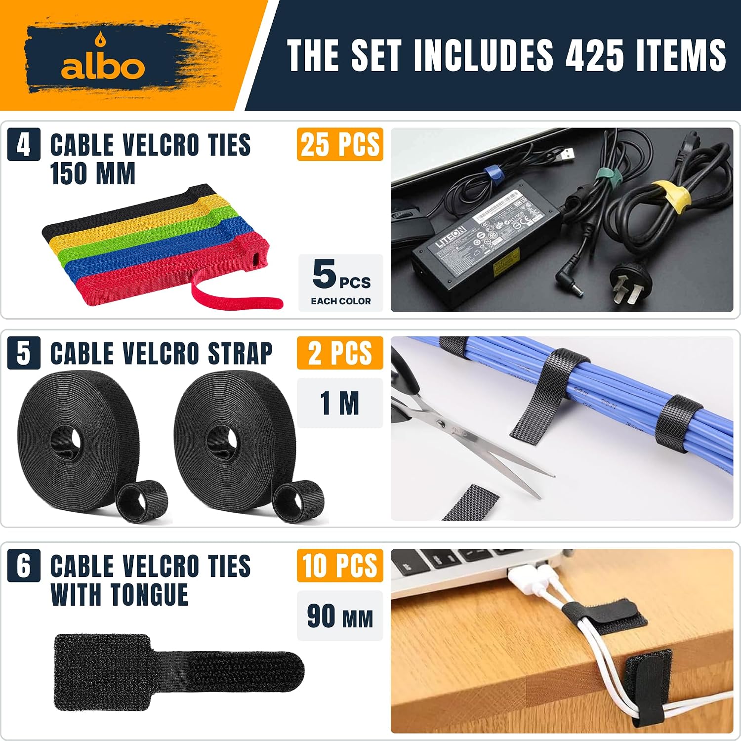 Thumbnail 2 de Albo CableManagement425mn Cable Management Kit, 425-Piece Black Set