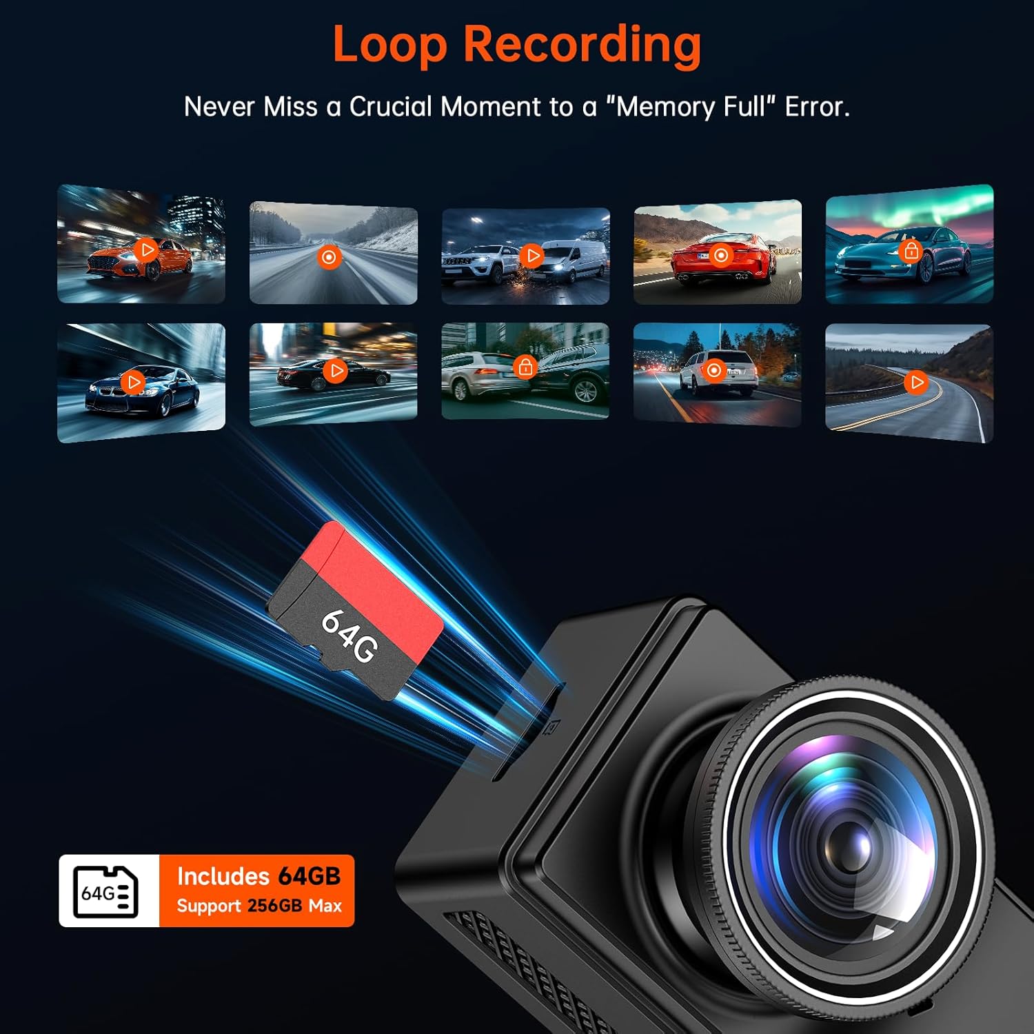 Detalle de Veement Dash Cam Front and Rear Camera – 4K+4K Dual Channel with Wi‑Fi6, 64GB SD Card, Night Vision and 24H Parking