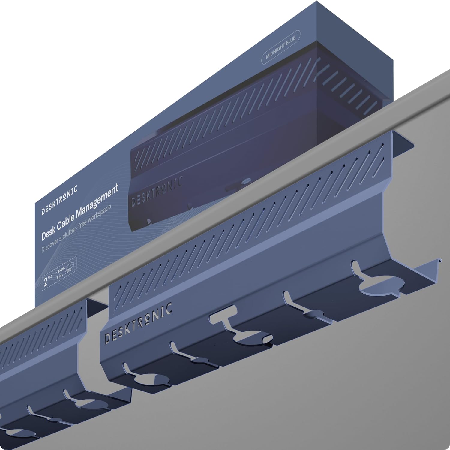 Desktronic Canalina Passacavi Blu Scuro 2 pz – Canaline in acciaio inox con 5 uscite, installazione rapida sotto scrivania