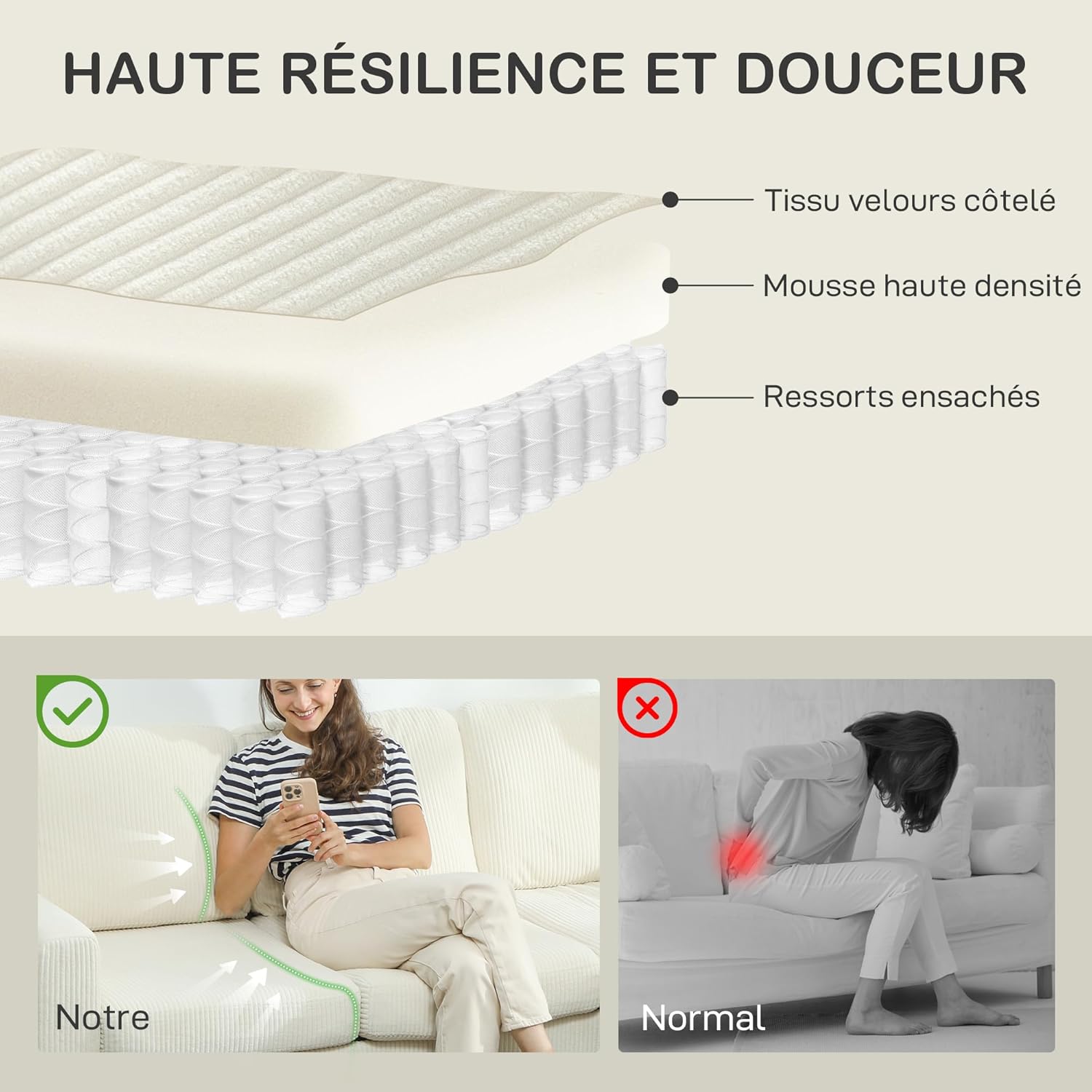 Thumbnail 4 de HOMCOM Canapé 3 places en velours côtelé beige avec repose-pieds et rangement