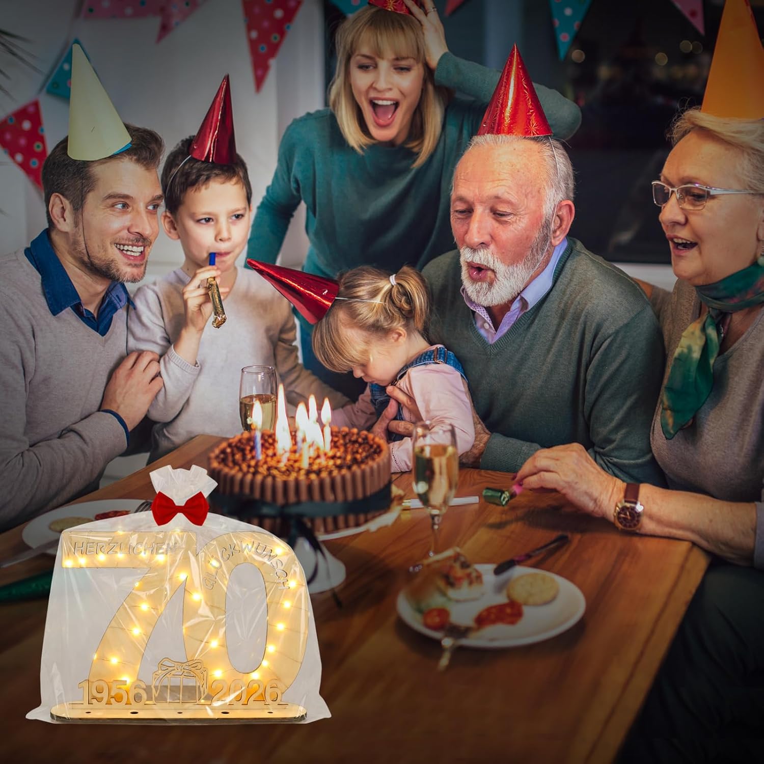 Thumbnail 6 de Seutgjie Geschenk zum 70. Geburtstag: Deko-Holzschild mit LED-Lichterkette, Geldgeschenk & Gästebuch