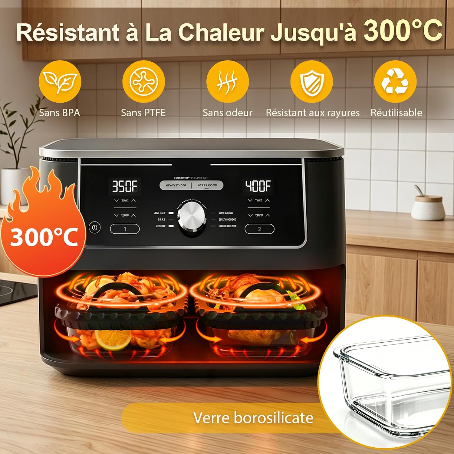Detalle 2 de Glazen airfryerschalen voor Ninja en COSORI, 2 stuks, siliconen rand, tot 300 °C