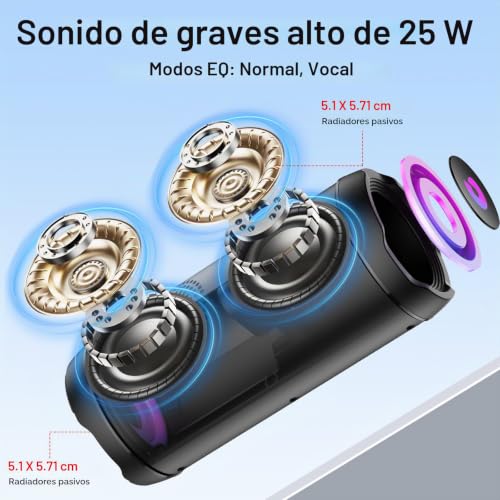 Detalle 2 de Altavoz Bluetooth Portátil 25W de coioc: sonido estéreo 360°, IPX7 y luz RGB para exterior