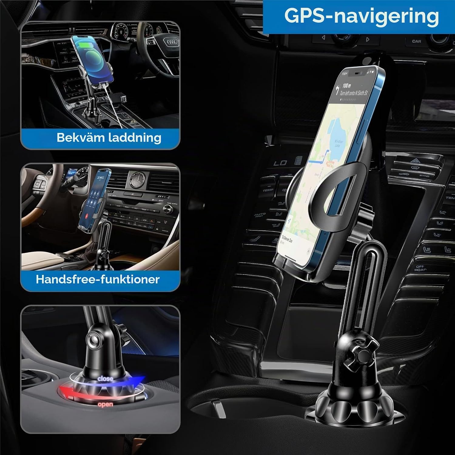 Detalle de TOPGO Cup Phone Holder – justerbar mobilhållare för bilens mugghållare
