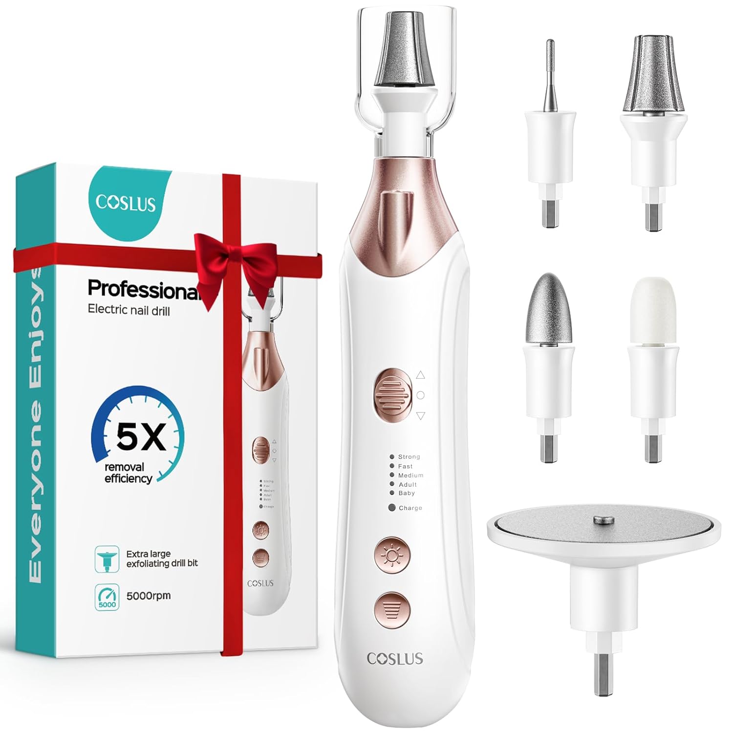 Detalle de COSLUS C43 Professional Manicure & Pedicure Kit (5-in-1) Cordless Electric Nail File for Thick Nails, 5 Speed, White
