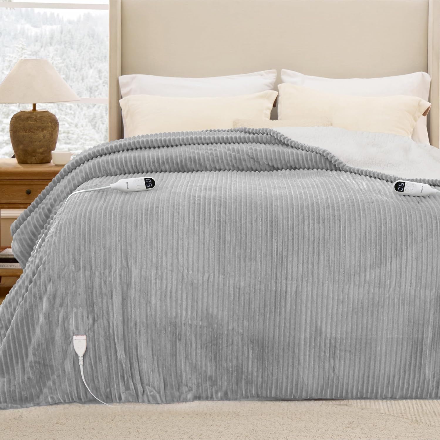Detalle de Bedsure Ribbed Queen Electric Blanket, 84" x 90" Flannel and Sherpa