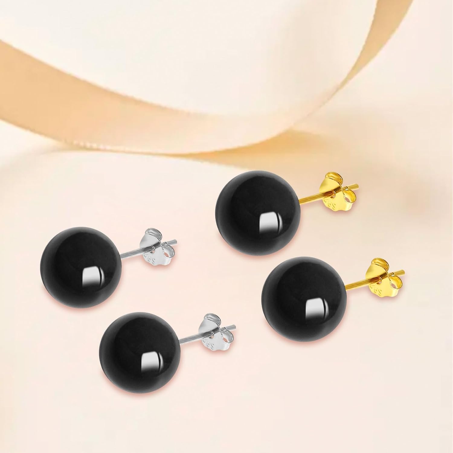 Detalle de GGXDH 6mm Schwarz Onyx Ohrstecker – 925er Silber, 18k Vergoldet, hypoallergen, runde Naturstein Kugeln