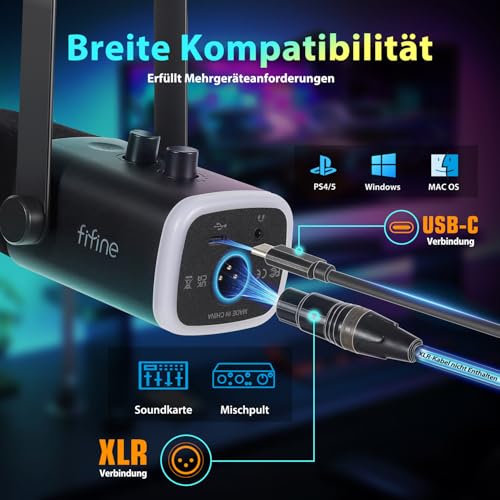 Detalle de FIFINE XLR-Streaming-Mikrofon mit Arm, USB/XLR, RGB und Stummschalttaste