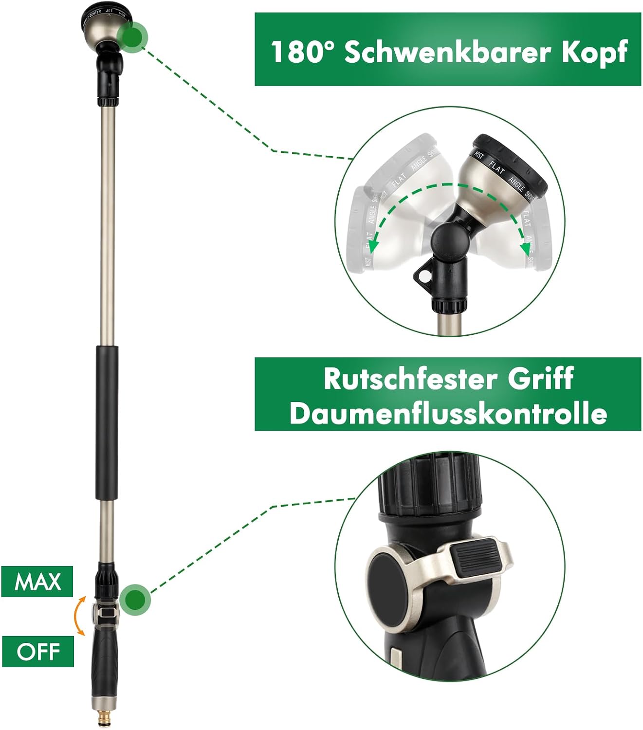 Detalle 2 de Restmo 92 cm Ultra Langer Gießstab mit 180° schwenkbarem Kopf, 10 Sprühmustern & Daumenflusskontrolle