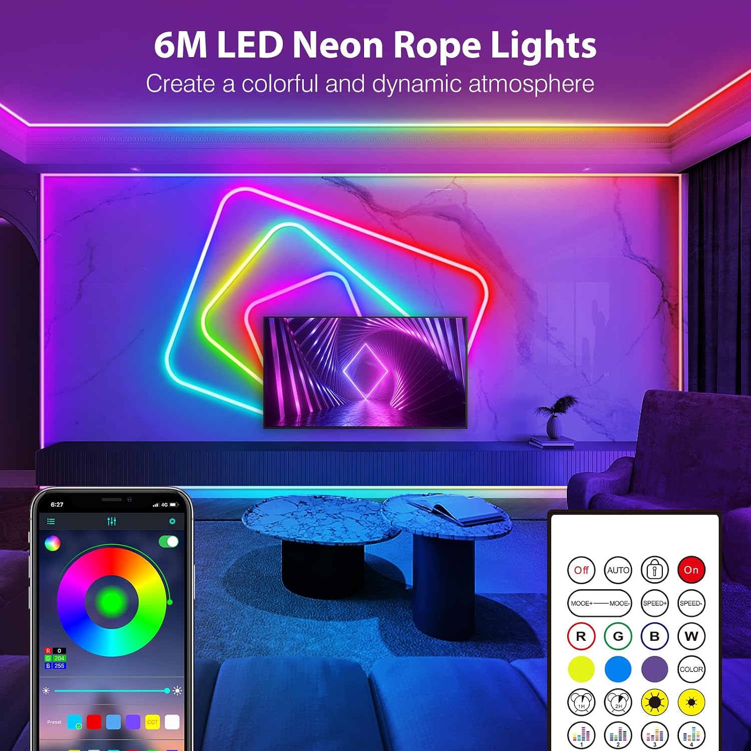 Detalle de LETIANPAI 6m Neon LED Strip – Flexible RGB Neon-Lichtleiste mit App & Fernbedienung, IP65 wasserdicht