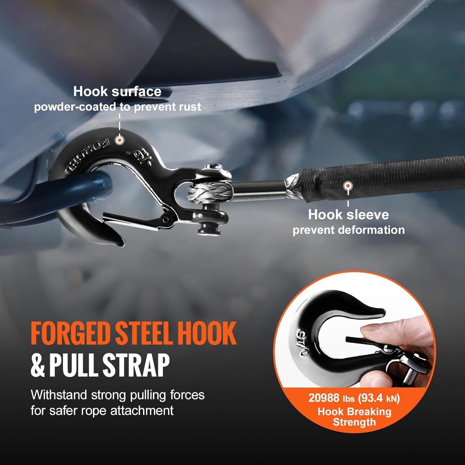 Thumbnail 2 de VEVOR 3/8 in x 100 ft Synthetic Winch Rope with Protective Sleeve, Hook & Pull Strap — 26,500 lbs Break Strength