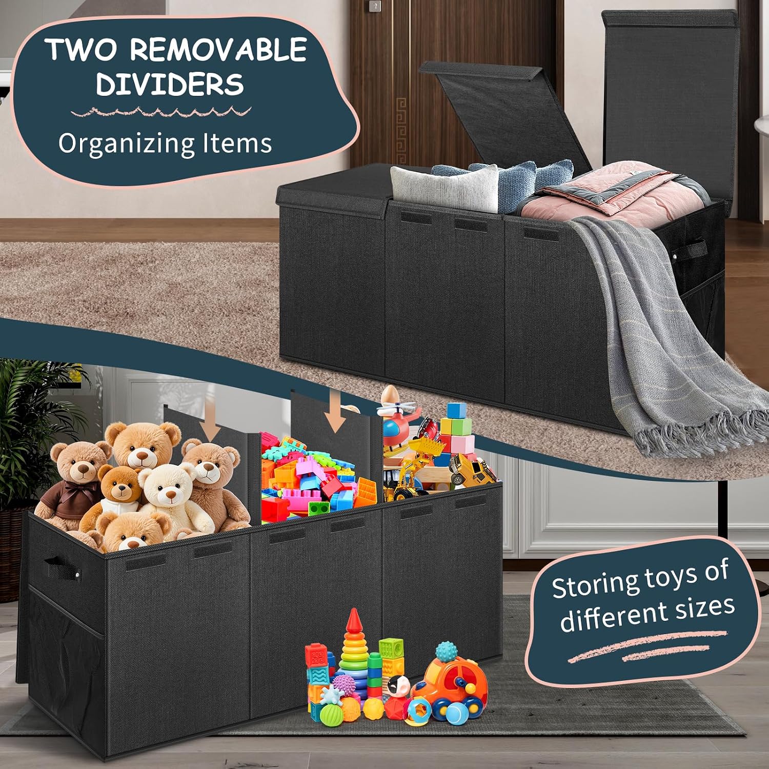 Detalle de Rocamdo Extra Large Toy Box, 38" x 16" x 14", Black Linen with Lids