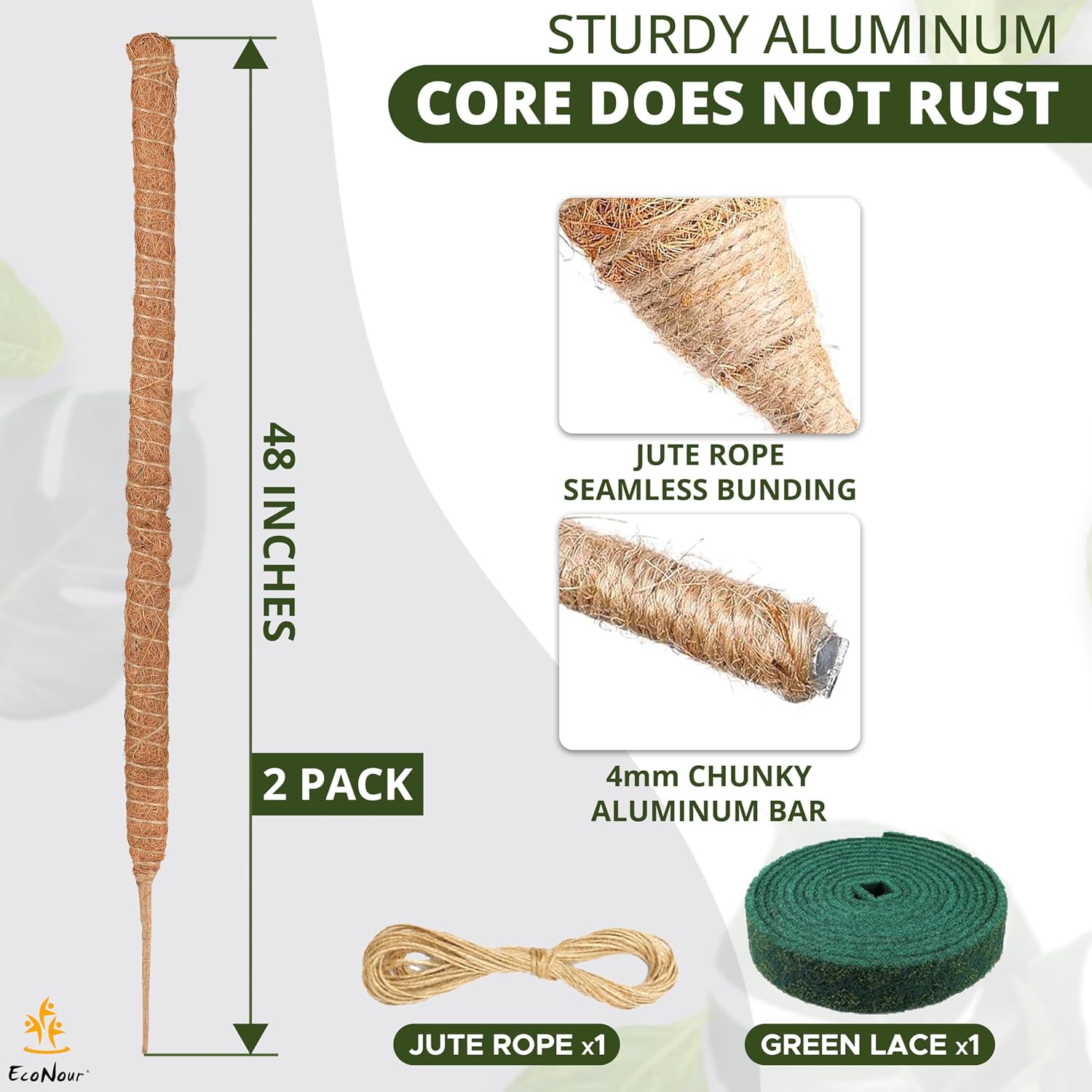 Detalle de EcoNour Moss Pole 48-Inch Coco Coir Plant Supports, 2-Pack
