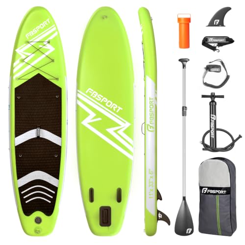 Detalle de FBSPORT Aufblasbares SUP Board – 15 cm dickes Stand Up Paddle Board mit verstellbarem Aluminium-Paddel und Pumpe (FruitGreen)