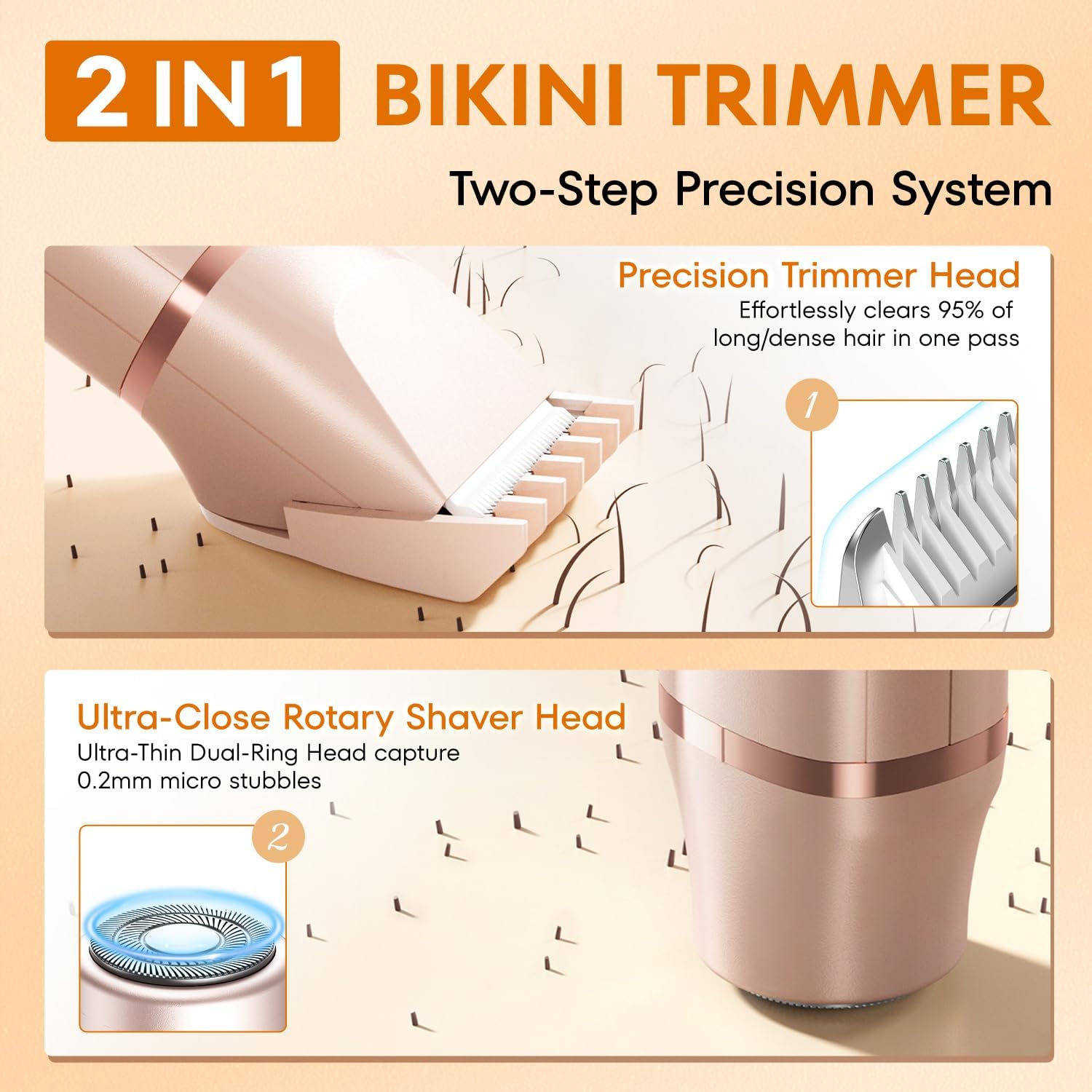 Detalle 2 de VG VOGCREST Bikini Trimmer für Frauen (2-in-1) – schmerzloses Trimmen & Rasieren, IPX7, Champagner Gold