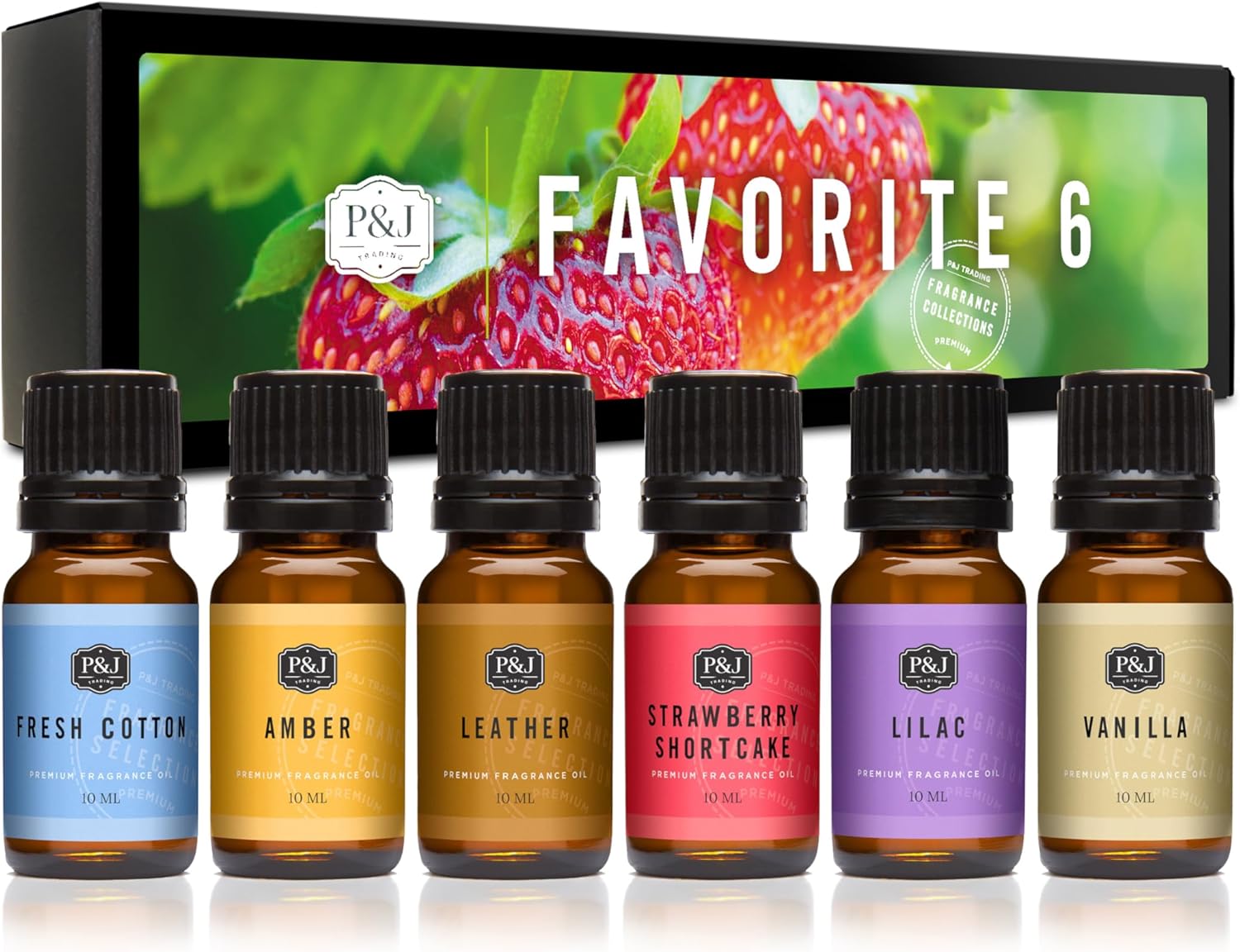 P&J Fragrance Oil Favorites Set — Fresh Cotton, Amber, Leather, Strawberry Shortcake, Lilac, Vanilla (6x10ml)
