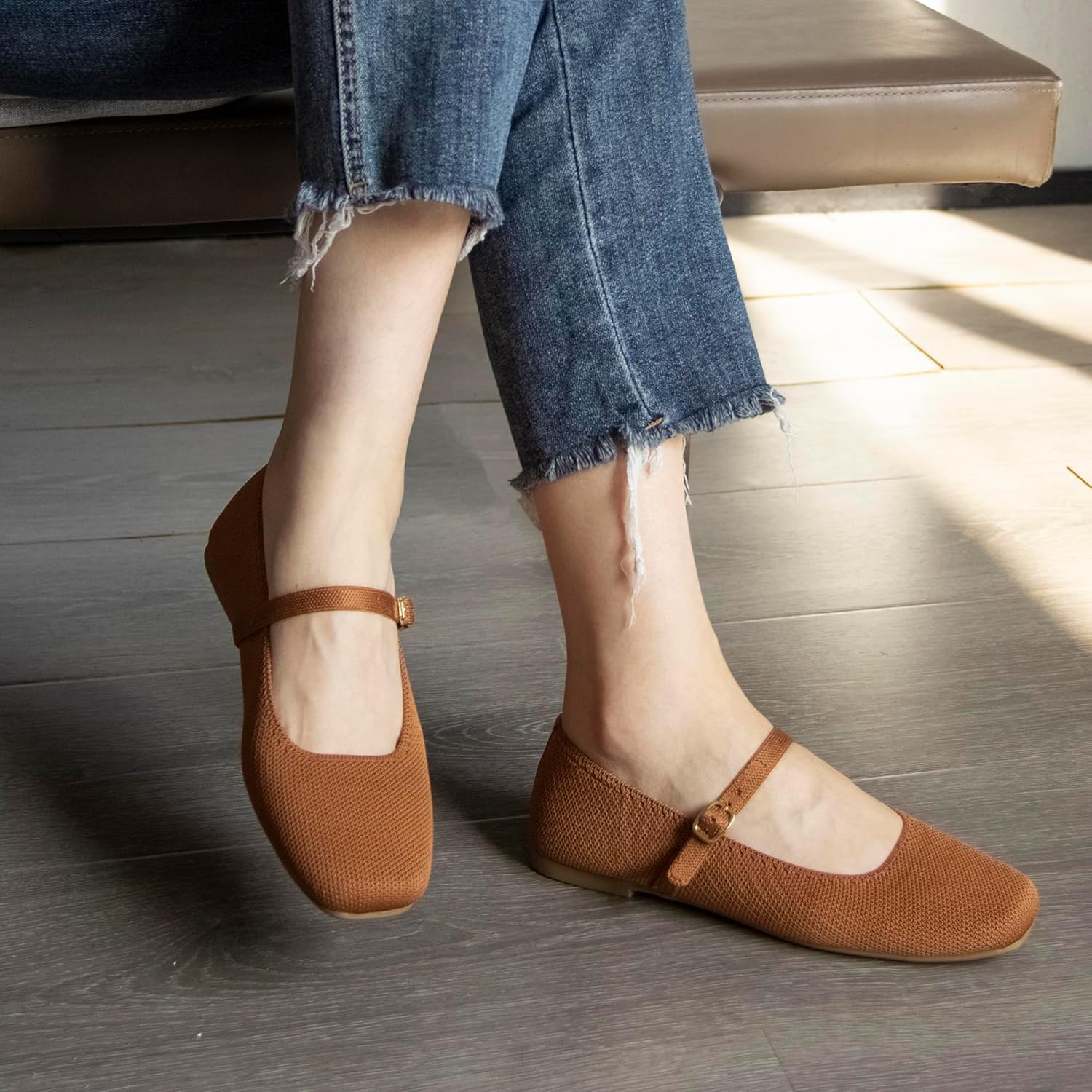 Detalle de Soesyi Knit Flats for Women: Square Toe with Adjustable Ankle Strap