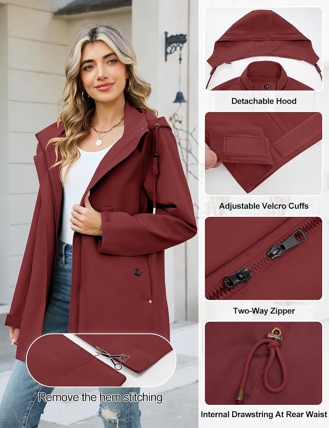 Detalle de Heekpek Women's Spring Coat — Lightweight Windbreaker with Detachable Hood