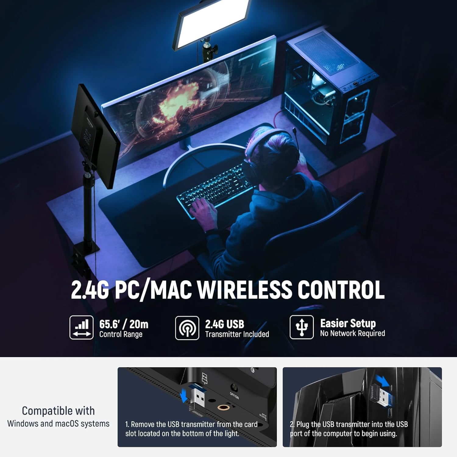 Thumbnail 4 de NEEWER GL25B 25W 12.9in Streaming Key Light with Desk Stand, 2.4G Remote & USB Transmitter (Neewer Control Center)