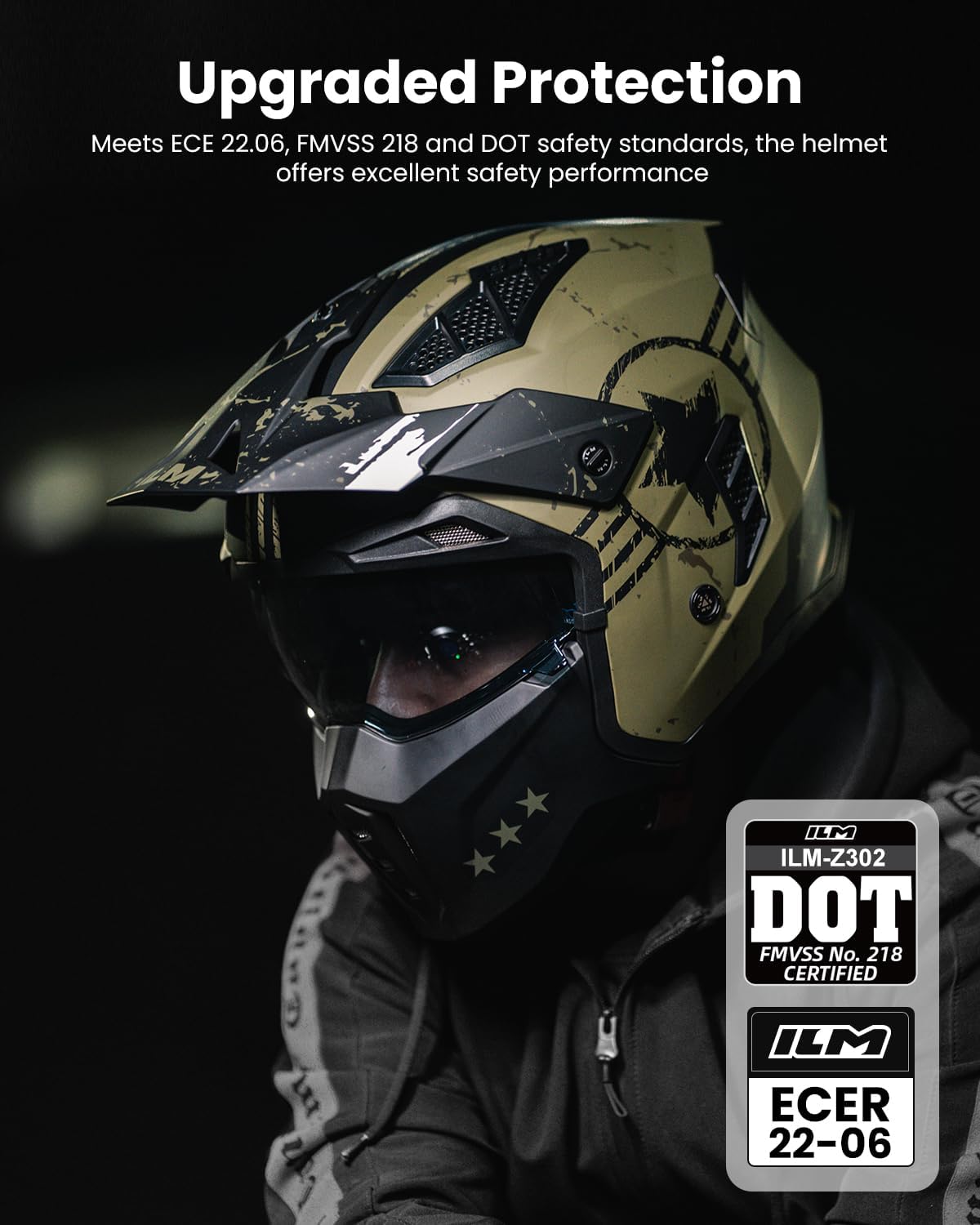 Detalle de ILM Z302 3/4 open-face motocross helmet with visor (Army Green) – ECE model, size S